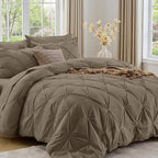 Sasttie Queen Comforter Set, 7-Piece Bed in a Bag, Pintuck Bedding Sets for All Season, Includes Comforter, Flat Sheet, Fitted Sheet, Pillowcases and Pillowshams, Brown