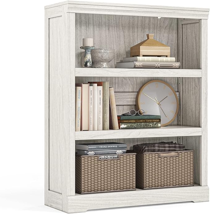 LINSY HOME 3-Tier Bookcase, Small Bookshelf Wood Display Storage Shelves Farmhouse Bookshelf for Home Office, Living Room, Bed Room - White Oak