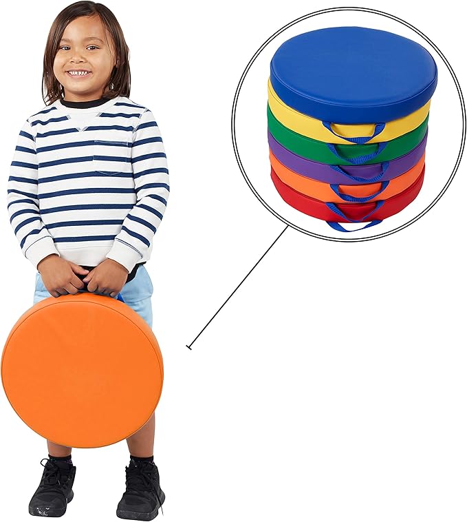 Factory Direct Partners SoftScape 15 inch Round Classroom Floor Cushions with Handles; Flexible Seating for Daycare, Preschool, Playroom; 2 inch Thick Deluxe Foam (6-Piece) - Assorted, 11232-AS