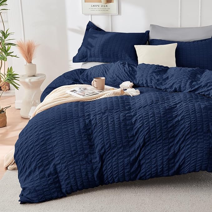 HYMOKEGE Navy Blue/Light Grey Twin XL Comforter Set Seersucker 5 Pieces, All Season Luxury Bed in a Bag for Bedroom, Bedding Set with Comforter, Sheets, Pillowcase & Sham