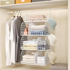 HapiRm Hanging Closet Organizer Storage - 3 Tier Metal Stackable Hanging Closet Shelves with Dividers and S Hooks, Foldable Clothes Shelves for Clothes, Pants, Shoes, Coat, Hats Clutches Accessories