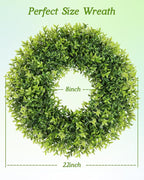 22 Inch Artificial Boxwood Wreaths for Front Door, Summer Door Wreath with Sash, Spring Green Wreath Weatherproof for Wall Window Porch Farmhouse Wedding Decor All Year Round Indoor Outdoor