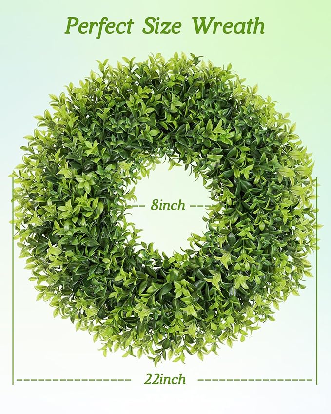 22 Inch Artificial Boxwood Wreaths for Front Door, Summer Door Wreath with Sash, Spring Green Wreath Weatherproof for Wall Window Porch Farmhouse Wedding Decor All Year Round Indoor Outdoor