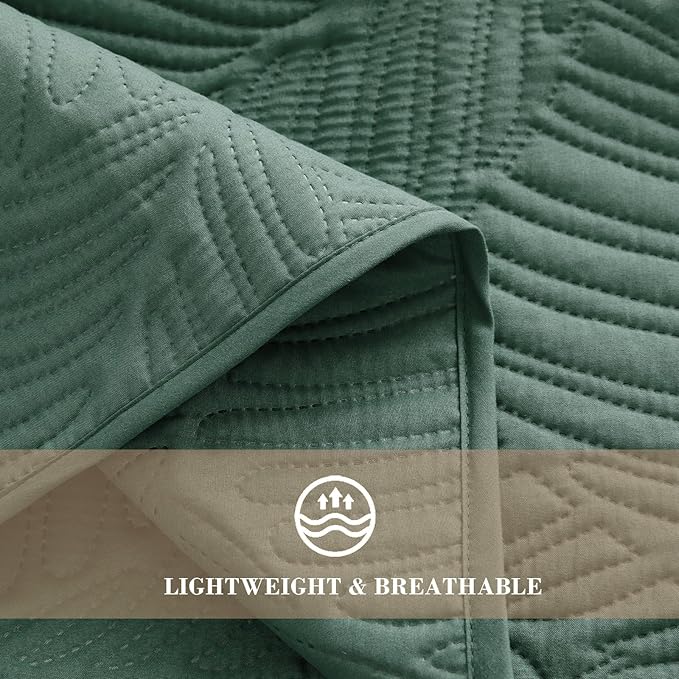 Exclusivo Mezcla King Size Quilt Bedding Set, Lightweight Green Quilts King Size for All Seasons, Soft Microfiber Bedspreads Coverlets Bed Cover with Leaf Pattern, 3 Piece