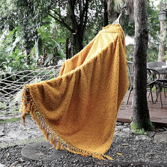 Ultra Soft Cozy Sherpa Throw Blanket, Light Weight Warm Decorative Throw Blanket with Tassel, Mustand Yellow Pattern Reversible Boho Style Blanket for Sofa, Couch, Bedroom,Travel, 60”x80”