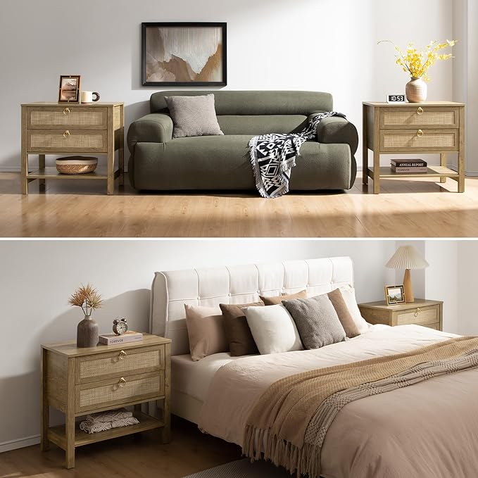 SICOTAS Nightstands Set of 2 for Bedroom, Bedside Tables with Drawer & Open Shelf, Modern Boho Nightstand Set for Master Bedroom