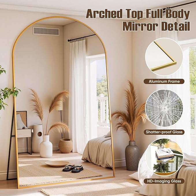 Full Length Mirror, 81"x41" Arched Full Body Mirror, Oversized Floor Mirrors, Leaning Free Standing Mirrors, Hanging Mounted Large Mirrors for Bedroom Dressing Room, Cloakroom, Gold