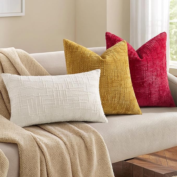 decorUhome Spring Red Chenille Euro Sham Throw Pillow Covers 22x22 Set of 2 Textured Soft Cozy Slubby Couch Pillow Covers Modern Farmhouse Boho Decorative Pillow Cases for Bed Sofa Living Room