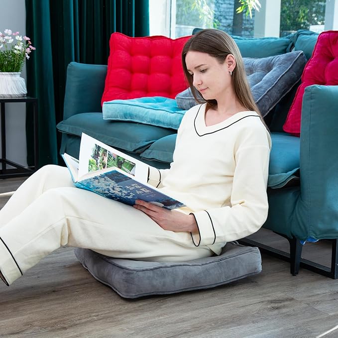 Floor Pillow Set of 4, Memory Foam Meditation Cushion, Floor Cushions for Adults Sitting, Large Square Seat Cushions for Yoga, Living Room, 20x20 Inch (Grey)