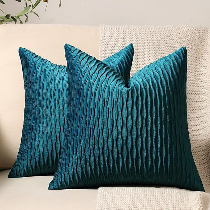 24x24 Teal Throw Pillow Cases: 2 Pack Original Striped Velvet Square Decorative Pillow Covers for Farmhouse Couch