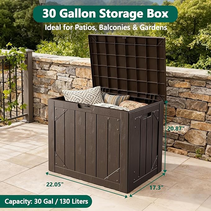 Outdoor Storage Box,30 Gallon Deck Box Outdoor Storage Bench Outside Waterproof Resin Storage Bench, Lockable Patio Cushions, Garden Tools Storage For Furniture, UV Resistant