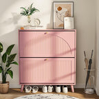Shoe Storage Cabinet for Entryway with 2 Flip Drawers, Narrow Wood Shoe Cabinet with Fluted Panel, Freestanding Hidden Shoe Organizer for Foyer, Hallway (Pink - with Shelf)