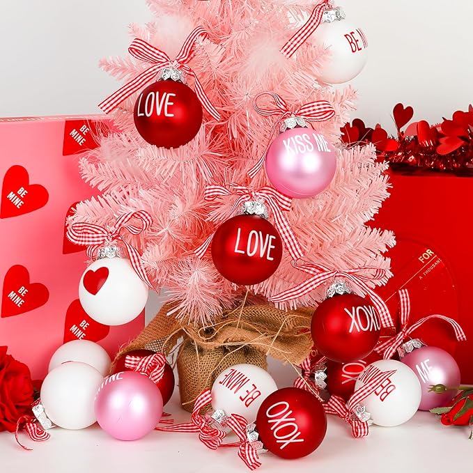 24PCS Ball Ornaments, 2.36 Inches Red Pink White Ball Shaped Ornaments, Cute Ball Hanging Baubles Decorations for Tree Love Day Wedding Christmas Party Supplies
