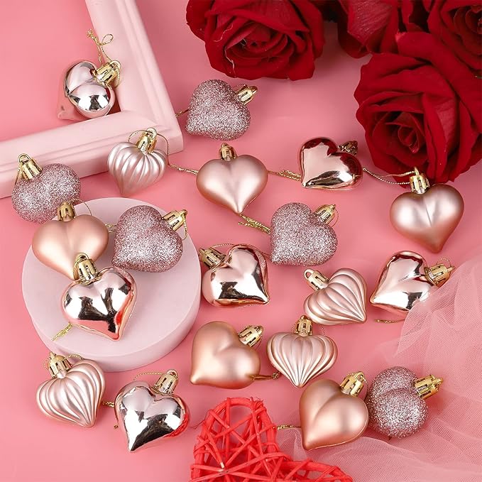 Elcoho 48 Pieces Valentine's Day Heart Shaped Baubles Hanging Heart Ornaments Valentines Tree Decorations for Valentines Day Ornaments Party Wedding Anniversary Decor, Rose Gold