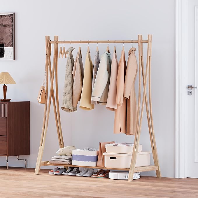 Wooden Retail Display Hanging Clothes Rack with Storage Shelf, 52" W x 57" H Freestanding Heavy Duty Clothing Drying Garment Rack for Hanging Clothes, Coat, Dress, Shirt, Hat