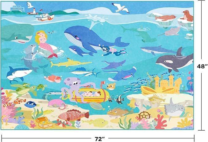 4x6 Ocean Rug for Toddlers Playroom – Sea Life Learning Carpet with Mermaid, Submarine & Whales, Soft Washable Stain Resistant Playful Area Rug for Kids, Educational Underwater Theme Playmat