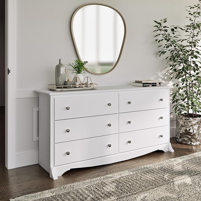 Prepac Sonoma 6-Drawer Double Dresser for Bedroom, Wide Chest of Drawers, Traditional Bedroom Furniture, 59" wide x 17.5" deep x 29" tall, White