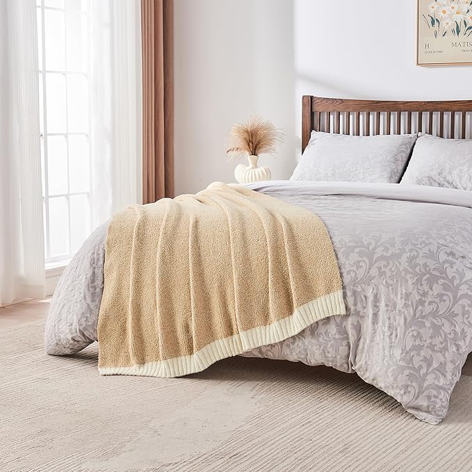 CozeCube Super Soft Fullfy Microfiber Reversible Knitted Blankets, Warm Cozy Fuzzy Plush Throw, Beige and White Melange Throw Blanket for Couch Bed Sofa, 50" x 60"