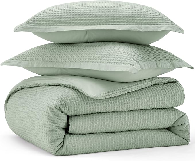 Bedsure Cotton Duvet Cover King - 100% Cotton Waffle Weave Sage Green Duvet Cover King Size, GentleSoft™ and Breathable Bedding Set for All Season, 3 Pieces, 104"x90"