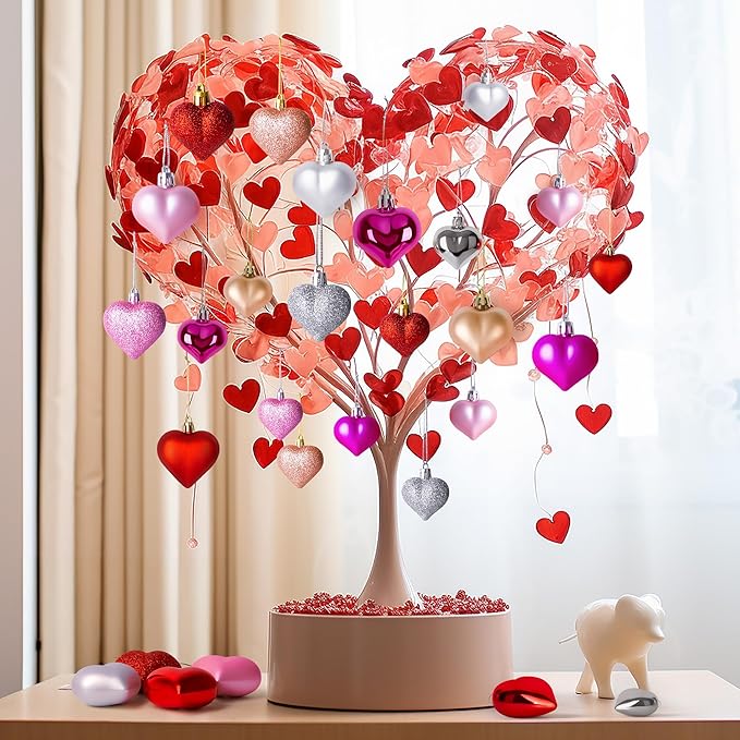 48PCS Valentine's Day Heart Shaped Ornaments - Classic Red Pink Silver Rose Rosegold Colors, Hanging Hearts for Tree Decorations