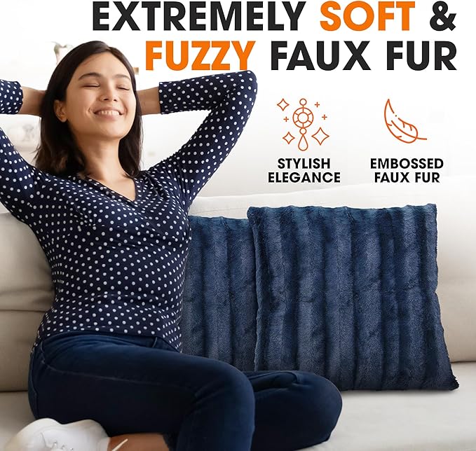 Cheer Collection Faux Fur Throw Pillows - Decorative Pillows for Couch, Bed Throw Pillows, Blue Accent Pillows for Bedroom or Living Room Aesthetic, Set of 2 Furry Throw Pillows, 22" x 22"