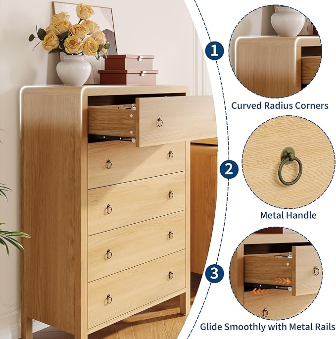 GarveeHome 5 Drawer Dresser for Bedroom, Chest of Drawers, Closet Dresser Storage Cabinet Organizer for Bedroom, Living Room, Hallway & Office