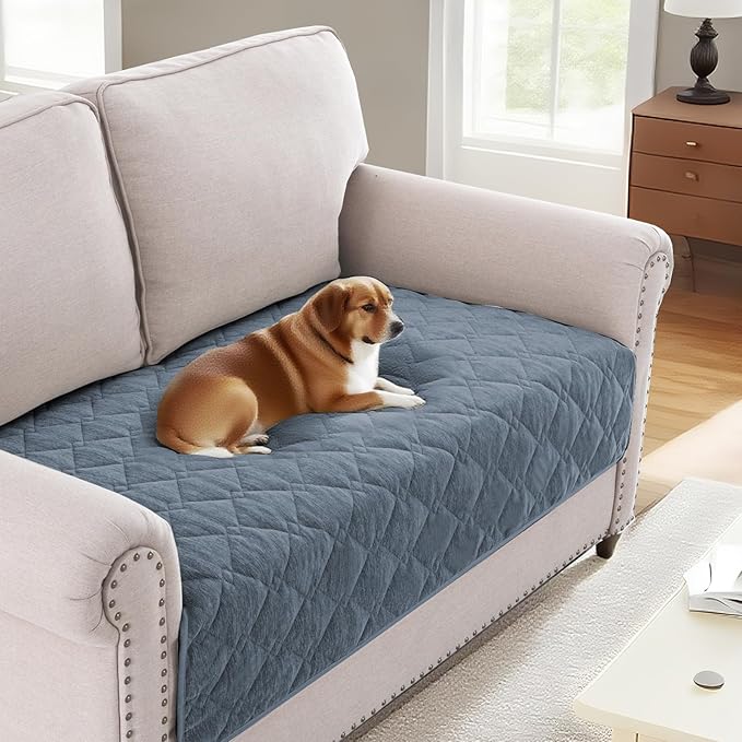H.VERSAILTEX Couch Cover Chenille Pet Fuzzy Sofa Covers for 2 Cushion Couch Anti Slip Washable Sofa Slipcovers with Strap Soft Couch Protector Cover for Dogs Cats Kids(36" x 63", Stone Blue)