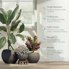 DTY Signature Mount Sherman Modern Indoor Outdoor Fiberstone Sphere Planter, Durable Round Garden Pot, Weather Resistant, Drainage Hole & Rubber Plug (Ribbed Black, Medium)