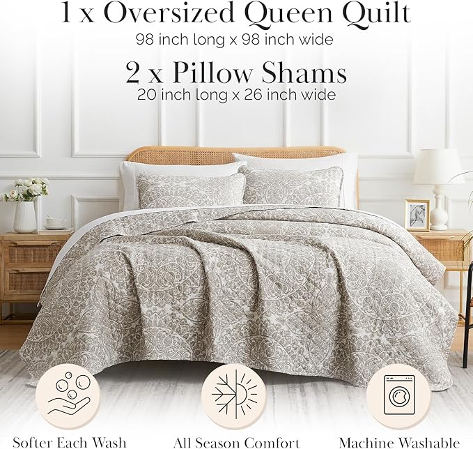 Southshore Fine Living, Inc. Ashanti Collection Oversized Queen Quilt Bedding Set, Prewash Fabric, Soft Coverlet 3-Piece with Two Matching Pillow Shams (98 in Wide x 98 in Long), Full/Queen, Bone