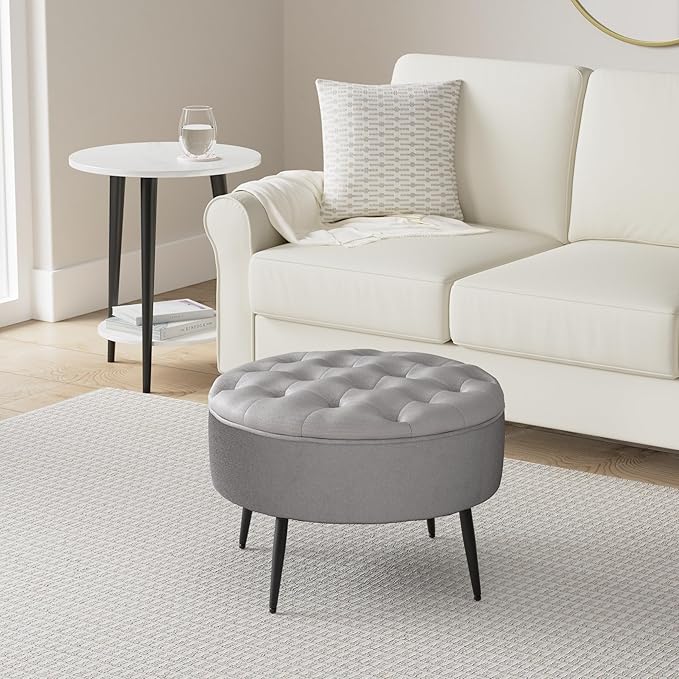 BIRDROCK HOME Tufted Round Ottoman - Velvet Footrest with Cushion and Mid-Century Modern Steel Legs - Ideal for Living Room, Bedroom, or Office Seating - Soft, Compact Decorative Footstool - Grey