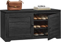 VASAGLE Shoe Storage Bench with Cushion, 3-Tier Entryway Bench with Padded Seat, Doors, Adjustable Shelves, 14 x 39.8 x 20.7 Inches, for Hallway, Bedroom, Charcoal Gray and Ink Black ULSB044B01