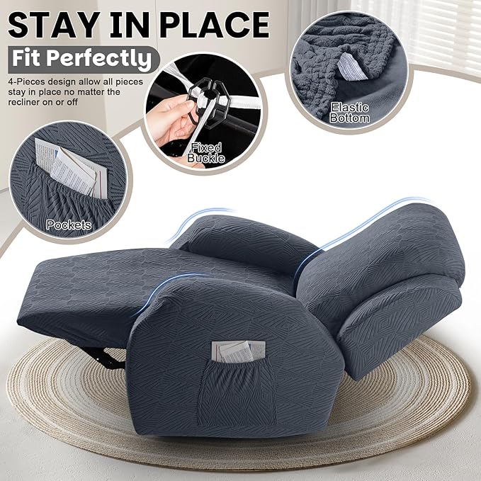 VANSOFY Oversized Recliner Chair Covers, 4-Pieces Stretch Recliner Cover Jacquard Soft Reclining Chair Slipcover Furniture Protector with Elastic Bottom for Lazy Boy Recliner(Gray)