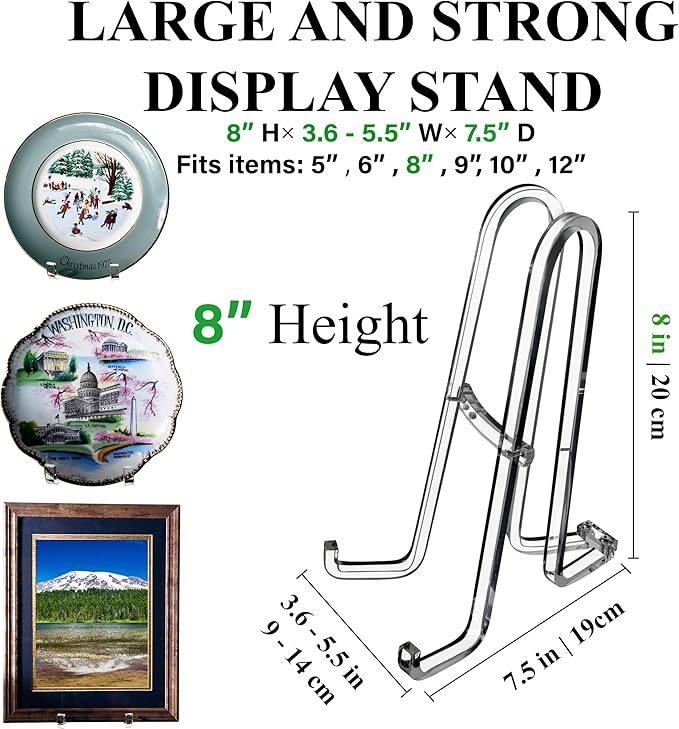 AMT 2 Pack 8 Inch Plate Stands for Display - Holder Stand + Acrylic Frame Holder Picture, Decorative Plate, Book, Photo Easel