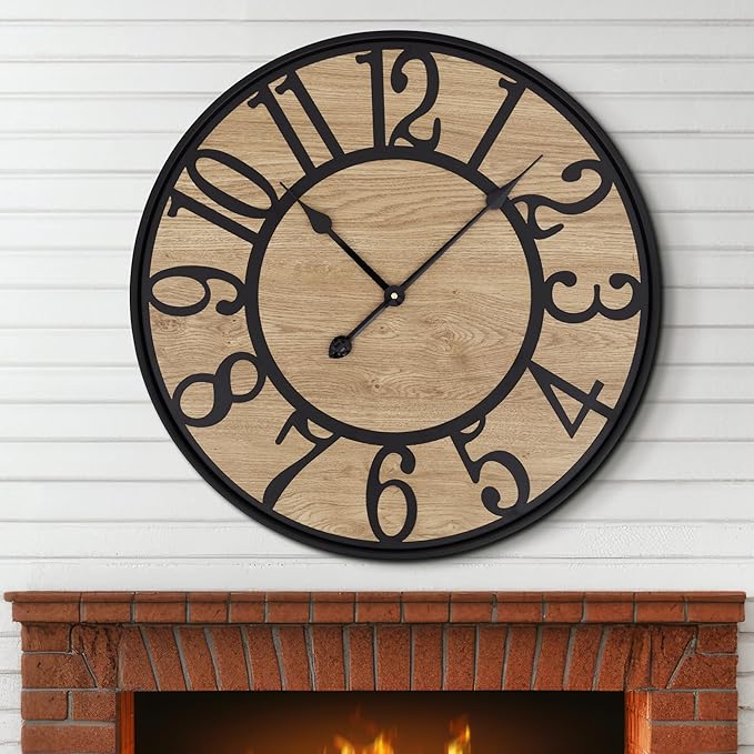 Maxstar Wall Clock for Living Room,Metal & Wood Silent Rustic Farmhouse with Arabic Numeral, Battery Operated Wall Clocks Decorative for Bedroom Office Home Decor 13inch Black