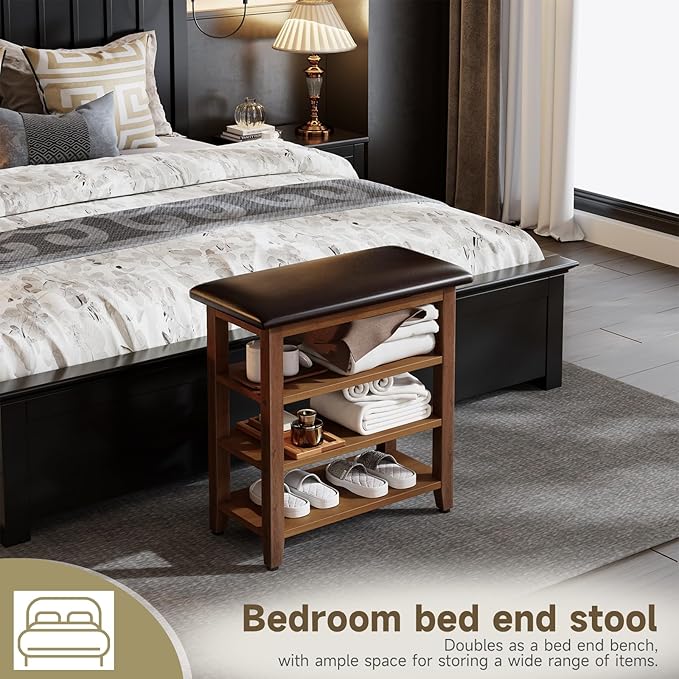 Shoe Bench with Leather Cushion,Wood Bench with Shoe Rack,3-Tier Shoe Storage Organizer for Entryway,Hallway,Living Room (Brown, 3-Tier-23.6")