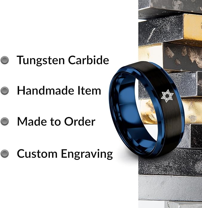 Mezuzah star Of David Ring - Gift for Jewish Family - Flat Dome Bevel - 8mm - Men Women - Yellow Gold Black Silver Blue - Anniversary Wedding - Personalized Custom Engraving - Band - Brushed Polished