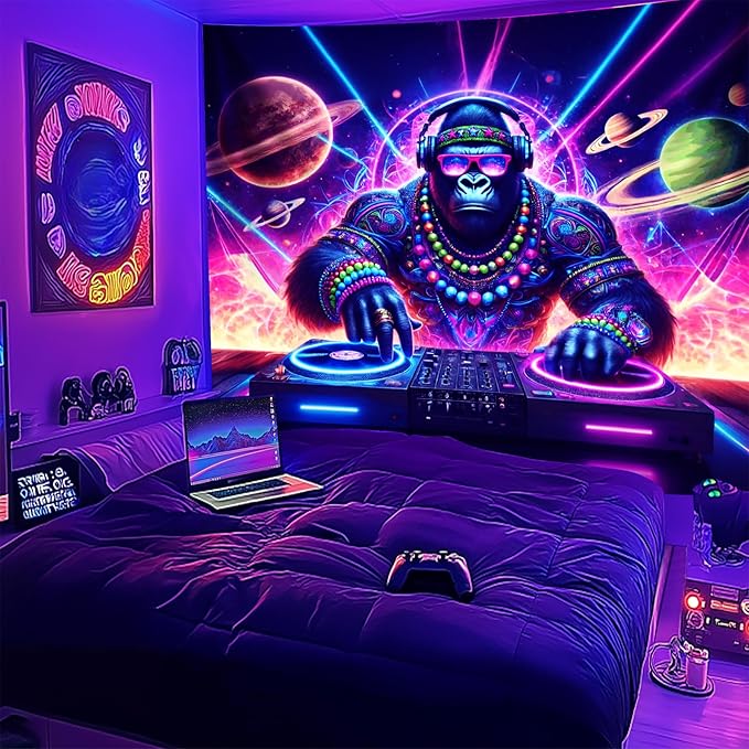 NYZE Gorilla Tapestry for Bedroom, Music Wall Tapestry, Party Decor Glow in the Dark Room Decor Tapestries, Cool Galaxy Planet Wall Hanging, Wall Hanging for Room Dorm 59in×51in