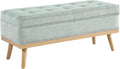 OSP Home Furnishings Katheryn Mid-Century Modern Storage Bench with Tufted Seat and Wood Legs, Mist Fabric