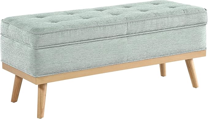 OSP Home Furnishings Katheryn Mid-Century Modern Storage Bench with Tufted Seat and Wood Legs, Mist Fabric