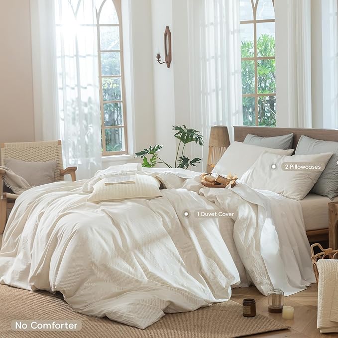 MooMee Striped Duvet Cover Set 100% Washed Cotton Linen Like Textured Breathable Durable Soft Comfy (Almond Milk Grey Pinstripes, Super King Plus 120"x120")