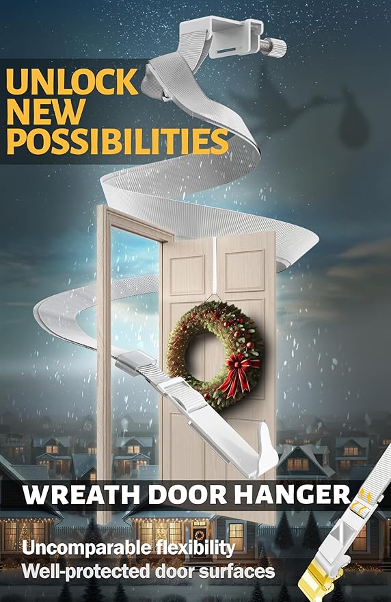 Menz Wreath Door Hanger - Adjustable Wreath Hanger for Front Door as Non-Scratch Decoration Holder for Christmas, Easter and Halloween, Decoration Hook for Christmas swags Outdoor, White