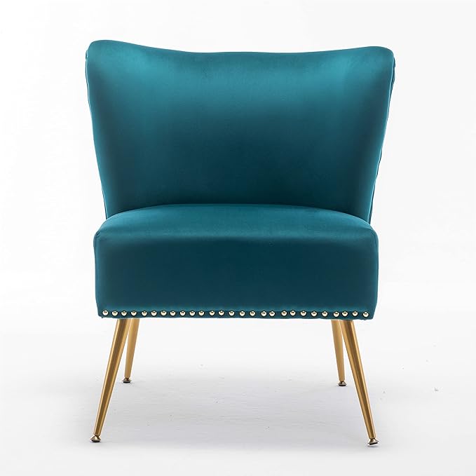 Thia Armless Velvet Accent Chair for Living Room, Elegant Seat with Nailhead Trim, Gold Metal Legs and Comfortable Curved Back, 28" D x 25" W x 29.5" H, Bluish Green