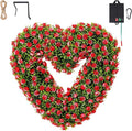 Valentine’s Day Solar Spring Wreath for Front Door 18inchWreath Pre-lit 30LED Wreaths Spring Summer Decor for Outside Aftificial Red Floral Wreaths Home Decorations Wreath