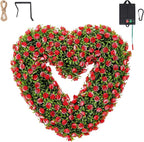 Valentine’s Day Solar Spring Wreath for Front Door 18inchWreath Pre-lit 30LED Wreaths Spring Summer Decor for Outside Aftificial Red Floral Wreaths Home Decorations Wreath
