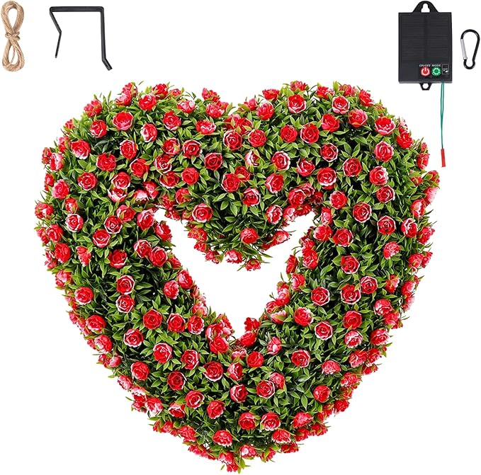 Valentine’s Day Solar Spring Wreath for Front Door 18inchWreath Pre-lit 30LED Wreaths Spring Summer Decor for Outside Aftificial Red Floral Wreaths Home Decorations Wreath