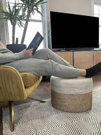 Scandilivin Homes Pouf Ottoman - 100% Jute Braided Footrest Pouf Hand Knitted Traditional Cord Boho Pouffe for Living Room, Bedroom, Nursery, Patio, Lounge Colorblock - Natural Ivory (20”x20”x10”)