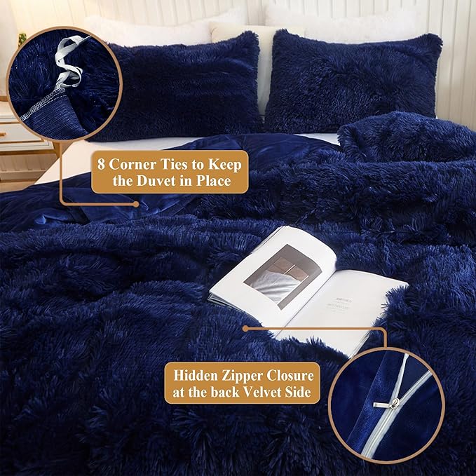 XeGe Plush Shaggy Duvet Cover Set, Luxury Ultra Soft Crystal Velvet Fluffy Bedding Sets 3 Pieces(1 Furry Faux Fur Comforter Cover + 2 Fuzzy Faux Fur Pillowcases), Zipper Closure(Queen, Navy Blue)