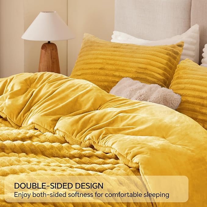 BEDELITE Fleece Full Comforter Set -Super Soft & Warm Fluffy Mustard Yellow Bedding, Luxury Fuzzy Heavy Bed Set for Winter with 2 Pillow Cases