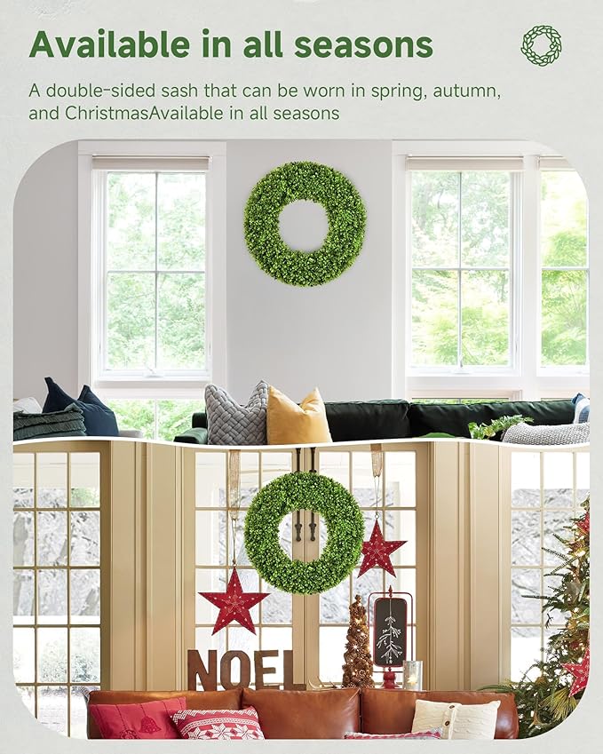 DDHS 20''Boxwood Wreaths for Front Door，Artificial Spring Wreaths for Farmhouse Wedding Green Year Round Indoor Outdoor for Fall Summer Christmas Wreath Home Decorations-Green
