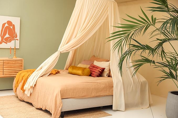 Cream Beige Bed Canopy for Queen and King-Sized Beds | Bedroom Decoration for Teens or Adults | Conical Shape Insect Netting | Mosquito Net in Multiple Colors and Sizes